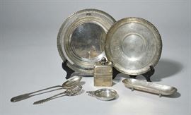 Lot 426: Decorative Wallace sterling reticulated bowl, a decorative sterling plate marked Mexico, oval footed bowl and covered box along with small porringer and two serving spoons, 50 Toz.
