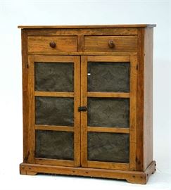 Lot 445: Antique maple pie safe with punched tin doors, 48"H. x 41" x 15"