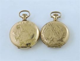 Lot 452: Two 14k gold pocket watches - hunter case, 73.9 grams, 1.25" and 1.5" Dia.