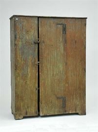 Lot 465: Early 19th C./18th C. floor cupboard with single door in old scrapped (blue paint)surface, 57"H. x 42.5"W. x 17"D.