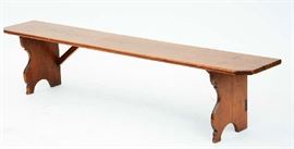 Lot 482: Late 18th C./ early 19th C. PA pine bench, scalloped legs, 76"L. x 17"H.