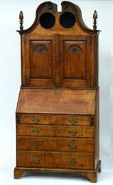 Lot 190: 18th C. two part Chippendale secretary with full bonnet top - fan carved doors - lower section with lid and good fitted interior, four graduated case drawers on bracket base, 36"W. x 81"H. x 18"D., ca.1780
