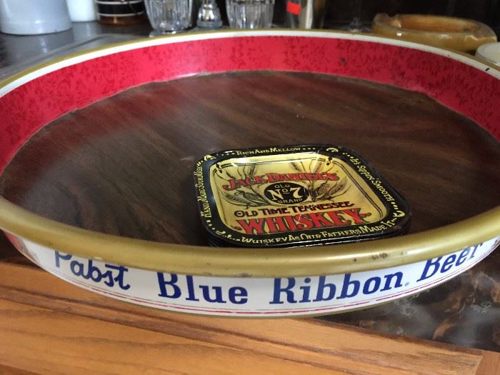 Pabst Blue Ribbon bar tray and bar items