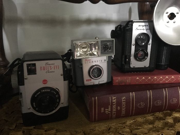 Vintage cameras include a Brownie Bull's Eye, Brownie Starmite II and a Argus Seventy Five