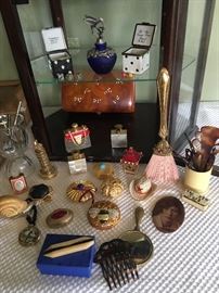 Avon perfume and fun vintage items along with a unique set of Limoge dice boxes