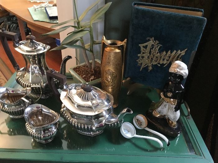Cute tea set, velvet antique photo album and Arabian ceramic classic mid century Figurine 