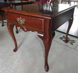 Description:: (2) matching solid wood end tables made of Cherry with a single drawer and metal pull on each.
Condition:: Some scuffs and marking are present on the surface.
Size/weight:: 22x22x27in. HWD
Shipping:: NO SHIPPING!!!