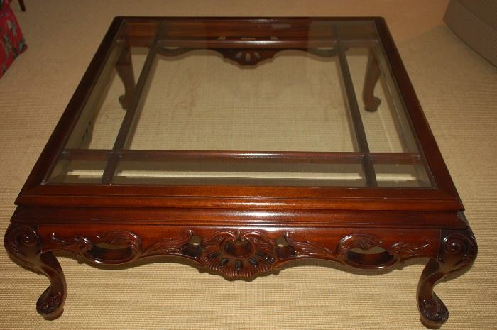 Ornate glass top coffee table, 42" square x 17" H