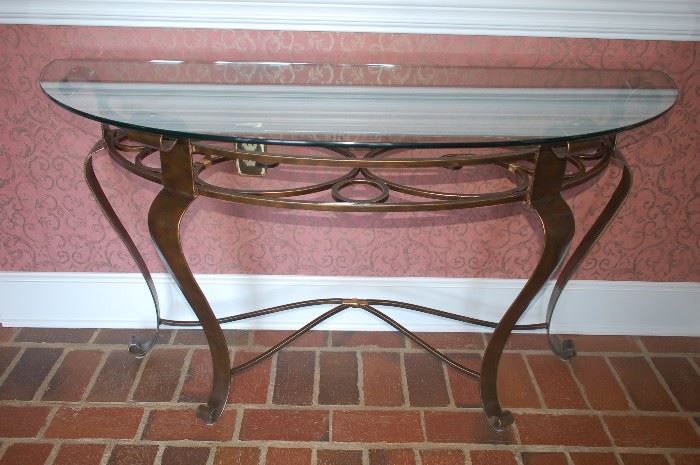 Metal console table with glass top - front view                   51" W x 29" H x 19.5" D
