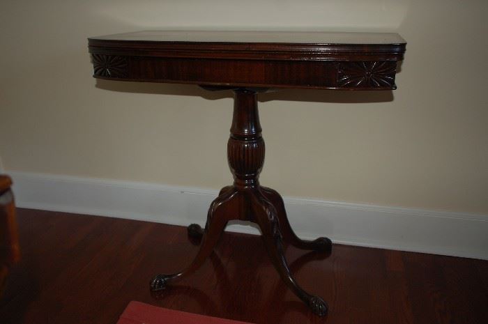 Antique ornate wood pedestal teacher table (fold out side table - closed view)  29" H x 32" W x 16" D