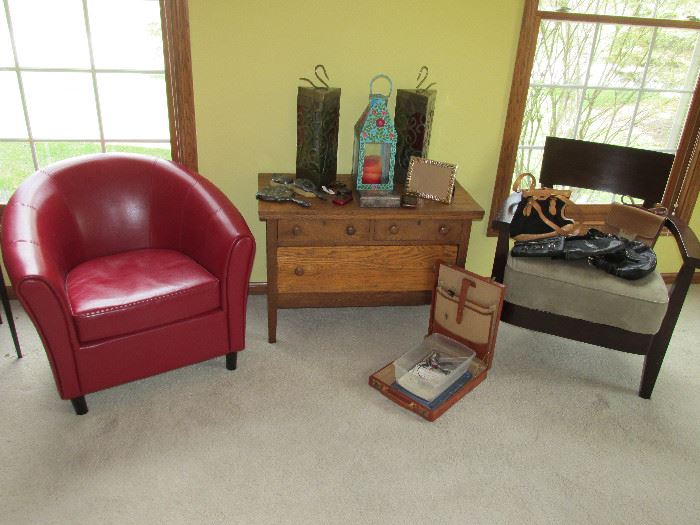 Leather club chair, side table and accessories