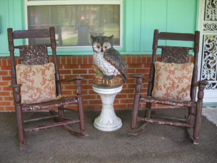 PORCH ROCKERS WITH CONCRETE STYLE TABLES AND CERAMIC OWL