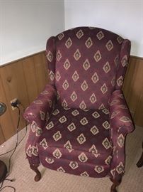 BURGUNDY UPHOLSTERED WINGBACK CHAIR