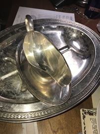 SILVER-PLATED GRAVY BOWL AND PLATTERS