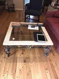 METAL, STONE AND GLASS COFFEE TABLE