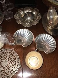 STERLING SILVER SHELL PLATES, STERLING SILVER BOWL, CANDLE HOLDER AND MORE