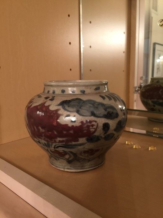 1800-1820 Chinese storage jar painted cobalt blue under glaze with red over glaze fish