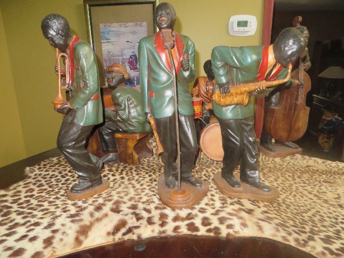 Rare find. 6 piece  band called African American Jazz Club band, probably from the 1920's. Tallest figures stand 22 inches tall. Each weighs approx, 7 lbs each. They are made of solid chalk and are all hand painted. . They are all in great condition.