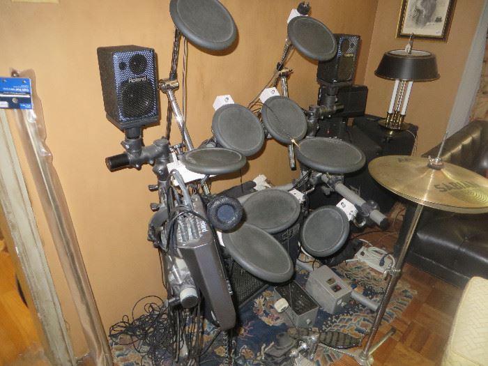 Roland electric drum set with extras, including Peavey Amps