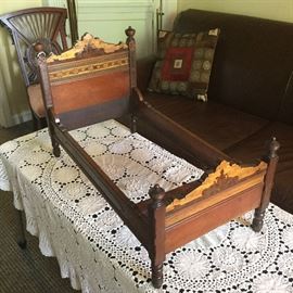 Late 19th century wood inlaid doll bed