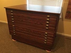 Architect's oak cabinet. 10 drawers. Measurements are:  55-inches wide, 42-inches high, 43-inches deep