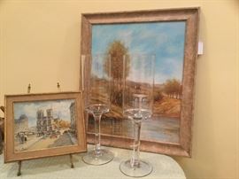 Original oil paintings and Pier One glass vessels