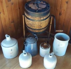 Wooden Barrel Butter Churn, Red Wing Crocks, and other Stoneware