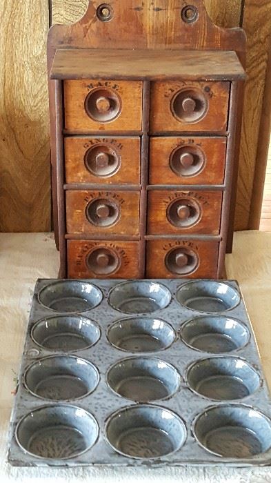 Wooden Spice Cabinet, Graniteware Muffin Tin