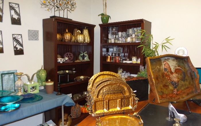 Wall decor, sculptures, urns, trays, platters. candles.  2 Tall office bookcases