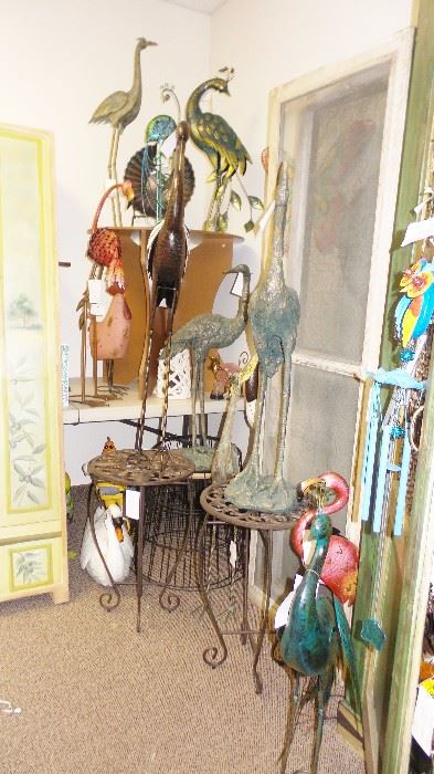 Metal animals & birds - short to tall.  Small tables, garden tables. Room Screens