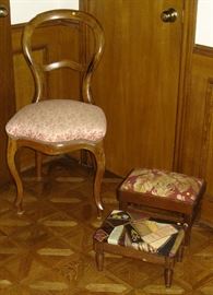 Biedermeyer chair, antique footstools