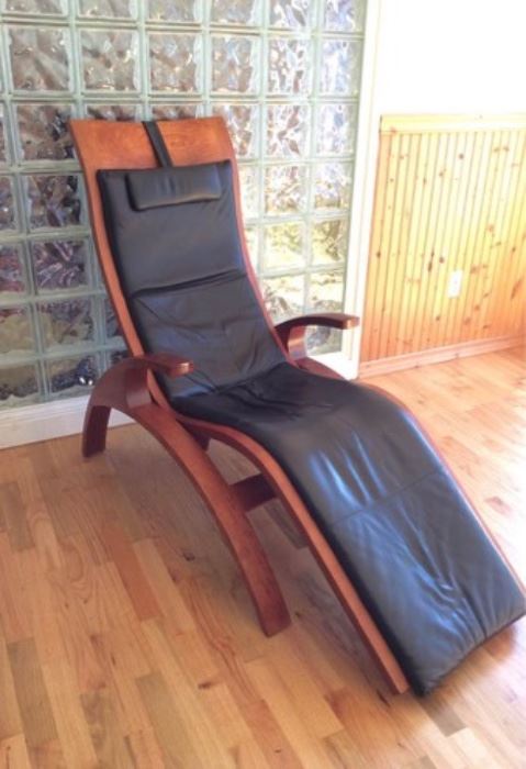 Thomas Mose Chaise Lounge.41 H x 26 W x 67 L, the two position Chaise reclines fully without handles or gadgets. Natural cherry and precision crafted mortise and tenon joinery. Upholstered in a black full grain leather.