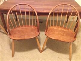 Boat top table in walnut 30 in H x 40 W x 72 L, perfect for formal or casual dining. Bowback chair 39 in H x 21 W x 22 D All these pieces are made of a rich walnut. Very good condition.