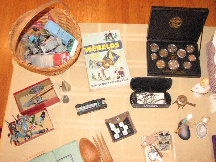 vintage cars, BSA, military pins, vintage eyeglasses, mint coins