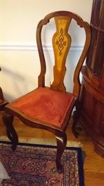Side chair. Set of 4 wood inlaid chairs. 2 arm chairs +2 side chairs. Hand inlaid. Excellent condition. 