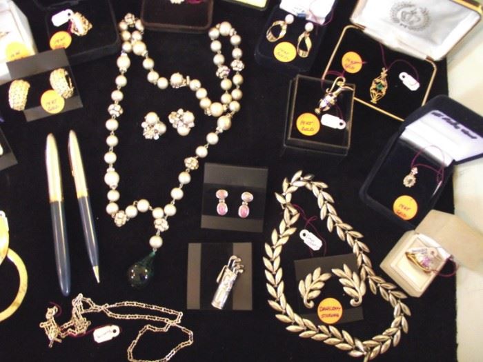 Vintage Vogue pearl & rhinestone necklace & earrings, Schaeffer fountain pen 14k nib & mechanical pencil; Danecraft sterling silver jewelry