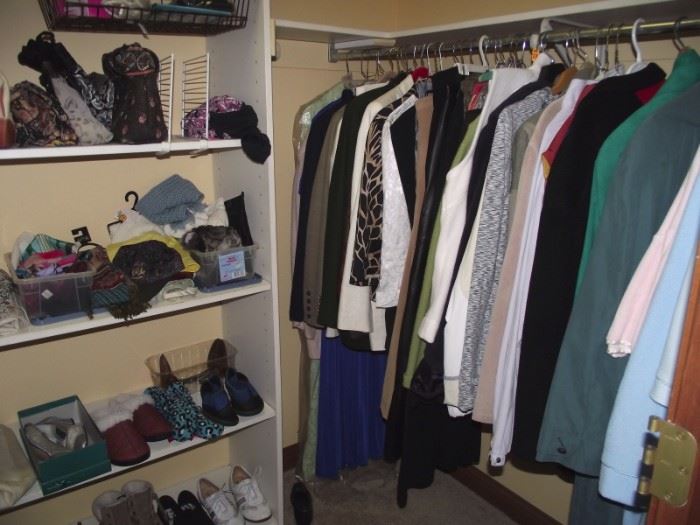 Walk in closet full of quality women's clothes (Evan Picone, Liz Claiborne, Talbot's, Alfred Dunner); purses & shoes