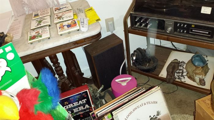marble top table, albums, 45's