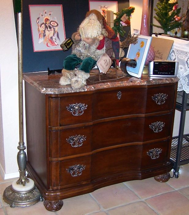 Woody Crumbo Artist proof Screen Prints, signed & numbered. Lynn Haney retired Santa. Bernhardt Marble-Top Chest.