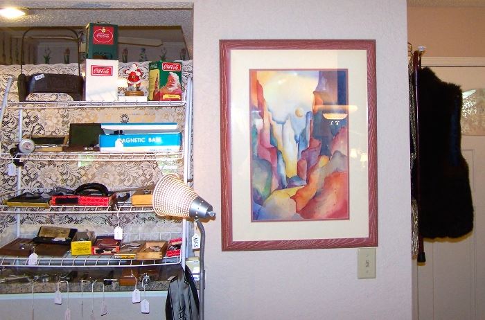 "Moon over Canyon" by V. Vann, original framed watercolor, Starrett & other brand machinist tools, fur vest.