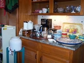 Bottled water crock on stand, coffee supplies, Antique Salt crock with lid, Starbucks mugs