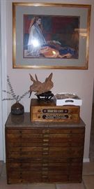 CA Segal original watercolor "Lady in quilt skirt", Spool Cabinet, Marble Top map chest