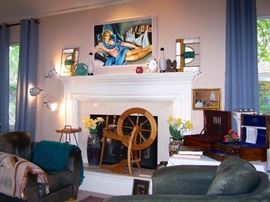 Original "Deco Lady" painting, Ashford spinning wheel, vintage Thayer Coggin Leather Club Chairs, Frankoma Pottery by Joneice Frank, Deco Stained Glass, Coors Pottery, Silverplate Flatware