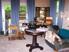 Empire style pedestal table,Thayer Coggin leather club chairs, Round glass-top Dining Table, Dragon cloisonné bowl, Silver and gold plated flatware sets, silver-plated hollowware, Oriental 3-panel Carved, painted Screen