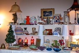 Vintage carved Jade Lamp with original silk shade, murano ashtrays, Yazzie Navajo Pottery, Frankoma Pottery, Fitz and Floyd Equestrian Bookends and Figurines, Schonbek Crystal Lamps