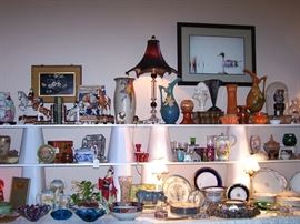 Schonbek Crystal Lamps, Roseville Ewers (repaired), Susie Cooper Teapot, cream & sugar and egg cups, Lenox, Spode, Limoges, Haviland and other china