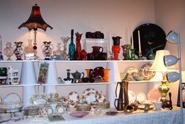Lenox, Spode, Limoges, Haviland, Royal Albert and other china. Ben Seibel Coffee Pot, cream & sugar, Mid-Century Modern colored glass