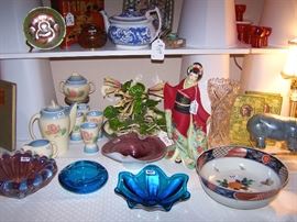 Susie Cooper Teapot, cream & sugar and egg cups,  Vintage Murano ashtrays, Orientalia, Italian tole'ware candlelabra