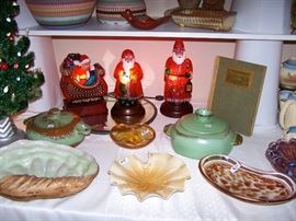 Old World Christmas Retired Santa Lights, Hammat pottery, Murano glass ashtray and bowls, Frankoma Pottery, Yazzie Navajo pottery and other