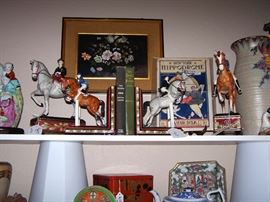 Fitz & Floyd Equestrians Bookends and Figurines, Crown Devon "Fieldings" large vase,  Floral orginal painting on board, signed